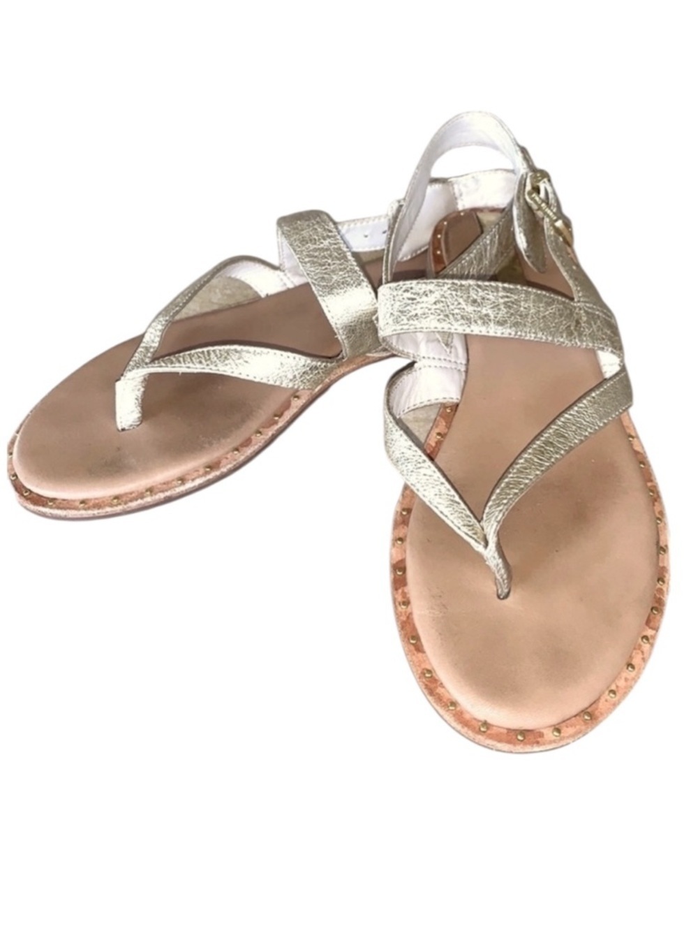 Kenneth Cole sandals women 6, strappy metallic leather, studded edge, flat. euc